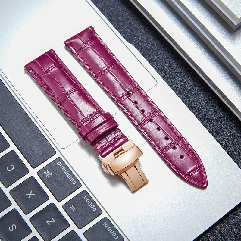 BINLUN Leather Watch Strap Quick Release Strap with Rose Gold Butterfly Deployment Buckle 12mm 13mm 14mm 16mm 17mm 18mm 19mm 20mm 21mm 22mm 23mm 24mm Watch Band for Men Women (Amaranth,13mm) - Image 2